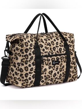 Leopard Print Weekender Duffle Bag with Black Straps